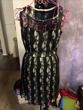 Misope Black Lace Mini Dress with Cream Underlay